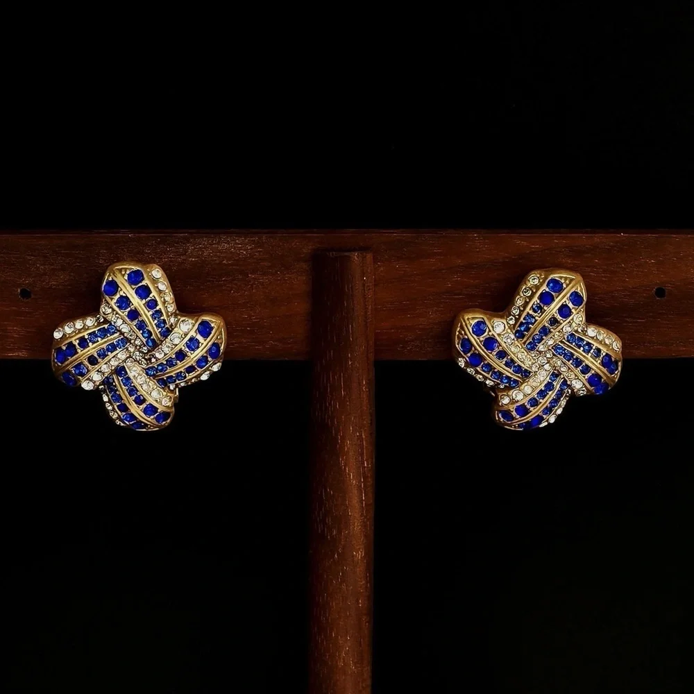 Cubic Zirconia Statement Stud Earrings – Blue & Clear Crystals ✨ - Picture 3 of 11